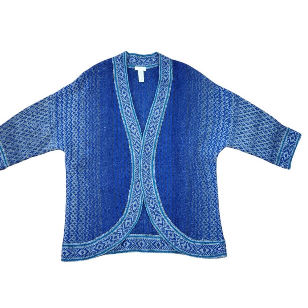 Chicos Size 2/L‎ Open Front Cardigan Knit Sweater Wool/Mohair Blend Fair isle
